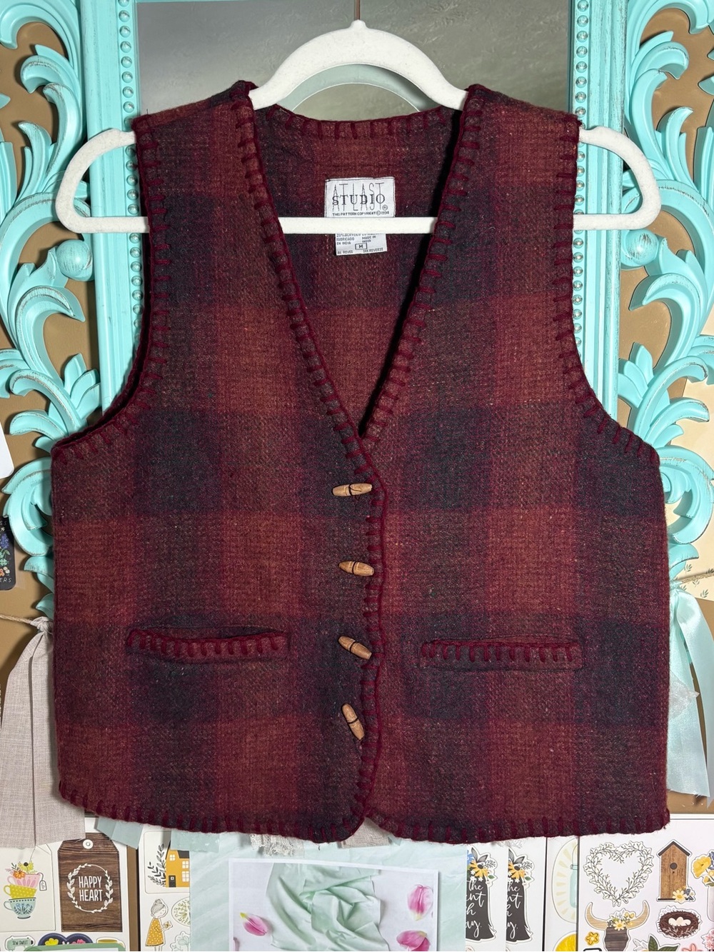 Vintage At Last Studio 1994 Buffalo Plaid Check Wool Vest Womens Medium 90s Fall